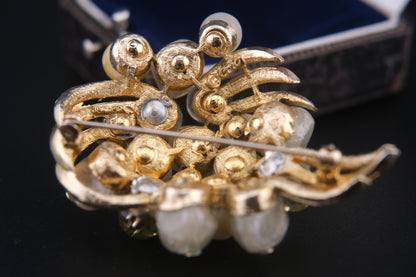 Coro Beaded Cluster Brooch – Gold-Tone with Cream Lucite, Moonglow & Crystal Beads