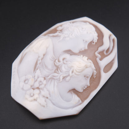 Loose Unmounted Hand-Carved Shell Cameo – Signed SOLVINO – Double Portrait of Women