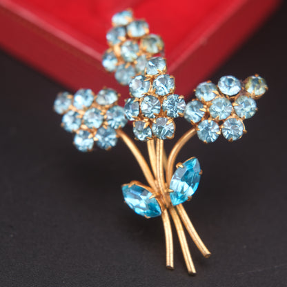 Vintage Blue Rhinestone Flower Bouquet Brooch – Gold Tone, 2 x 1.5 in
