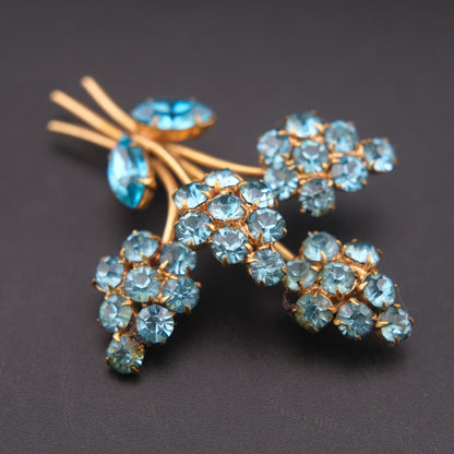 Vintage Blue Rhinestone Flower Bouquet Brooch – Gold Tone, 2 x 1.5 in