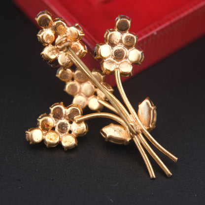 Vintage Blue Rhinestone Flower Bouquet Brooch – Gold Tone, 2 x 1.5 in