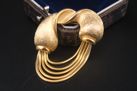 Vintage Signed Coro Pegasus Gold Tone Twist Brooch with Draped Snake Chains | 1950s Textured Sculptural Statement Pin
