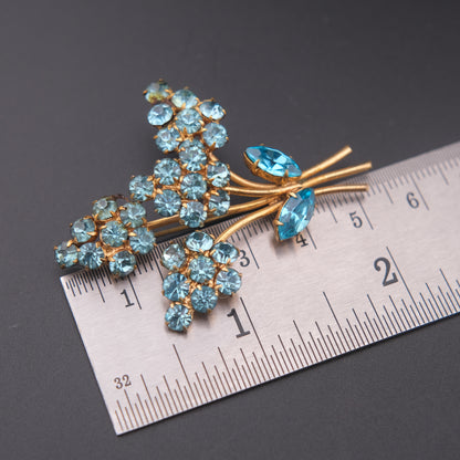 Vintage Blue Rhinestone Flower Bouquet Brooch – Gold Tone, 2 x 1.5 in