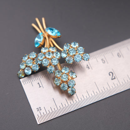 Vintage Blue Rhinestone Flower Bouquet Brooch – Gold Tone, 2 x 1.5 in