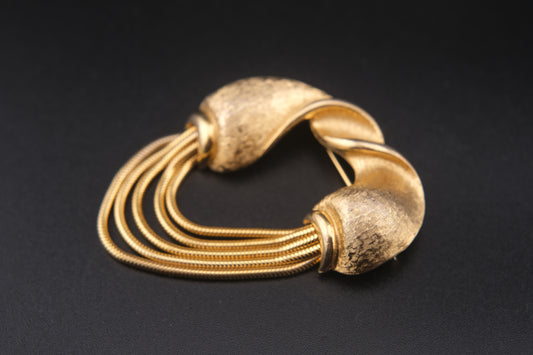 Vintage Signed Coro Pegasus Gold Tone Twist Brooch with Draped Snake Chains | 1950s Textured Sculptural Statement Pin