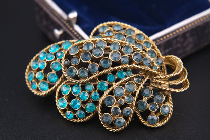 Vintage Kramer of New York Style Forest Leaf Brooch with Emerald Green Rhinestones (1970s)