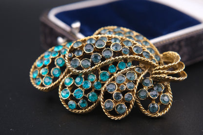 Vintage Kramer of New York Style Forest Leaf Brooch with Emerald Green Rhinestones (1970s)