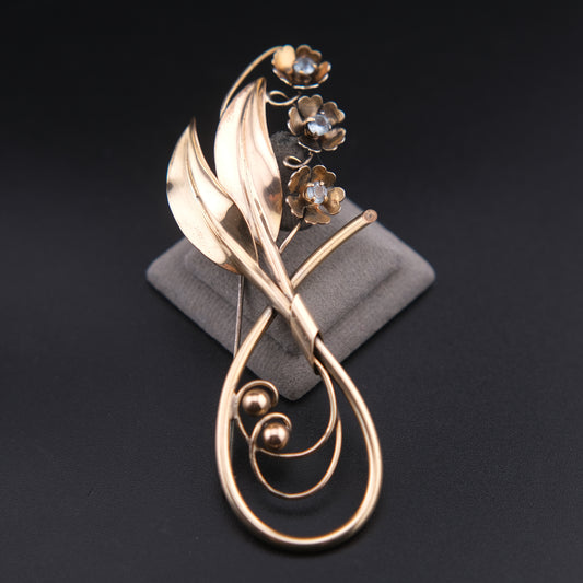 ❤️ Vintage Signed "Aregel" 12K Gold Filled Floral Spray Brooch Blue Rhinestone Flower Pin