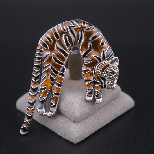 ❤️ Vintage 925 Silver Tiger Brooch Pendant Marcasite Enamel