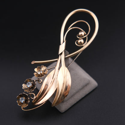 ❤️ Vintage Signed "Aregel" 12K Gold Filled Floral Spray Brooch Blue Rhinestone Flower Pin
