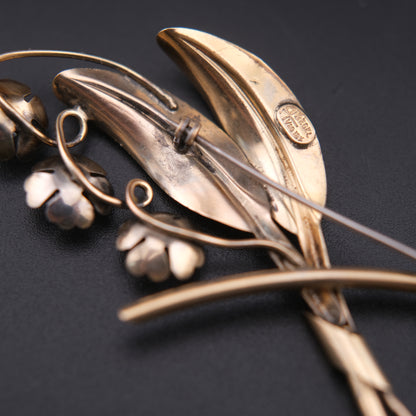 ❤️ Vintage Signed "Aregel" 12K Gold Filled Floral Spray Brooch Blue Rhinestone Flower Pin