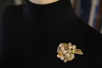 Coro Beaded Cluster Brooch – Gold-Tone with Cream Lucite, Moonglow & Crystal Beads