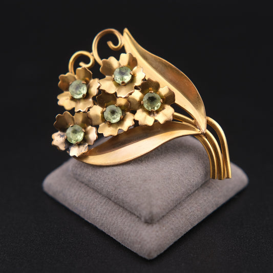 ❤️ Vintage Adorna Gold Filled Floral Brooch Green Rhinestones 1940s Signed