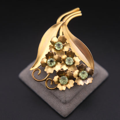 ❤️ Vintage Adorna Gold Filled Floral Brooch Green Rhinestones 1940s Signed