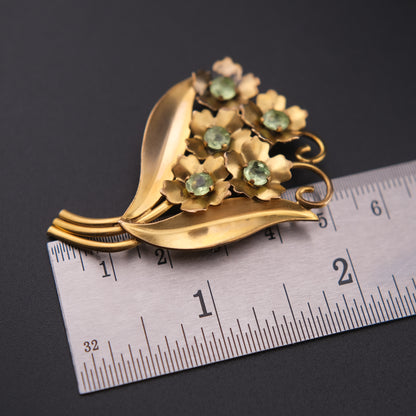 ❤️ Vintage Adorna Gold Filled Floral Brooch Green Rhinestones 1940s Signed