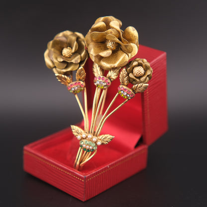 Vintage Brass Floral Bouquet Brooch with Rhinestones & Faux Pearls – 3"