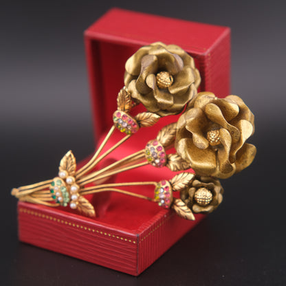 Vintage Brass Floral Bouquet Brooch with Rhinestones & Faux Pearls – 3"