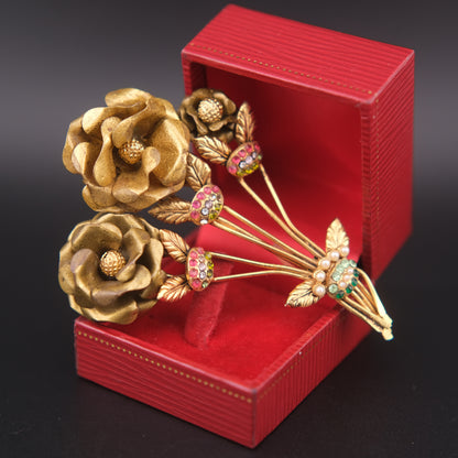 Vintage Brass Floral Bouquet Brooch with Rhinestones & Faux Pearls – 3"