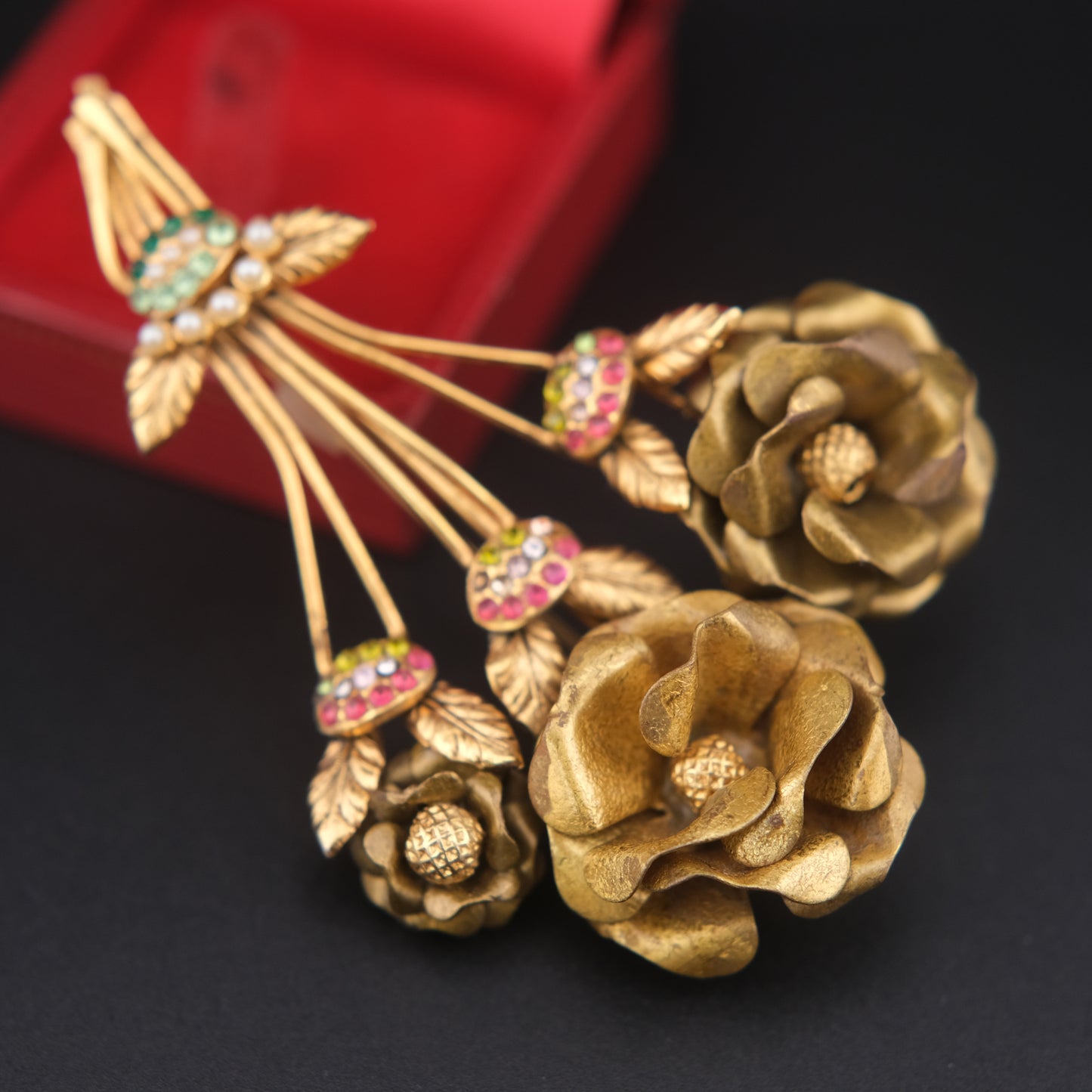 Vintage Brass Floral Bouquet Brooch with Rhinestones & Faux Pearls – 3"