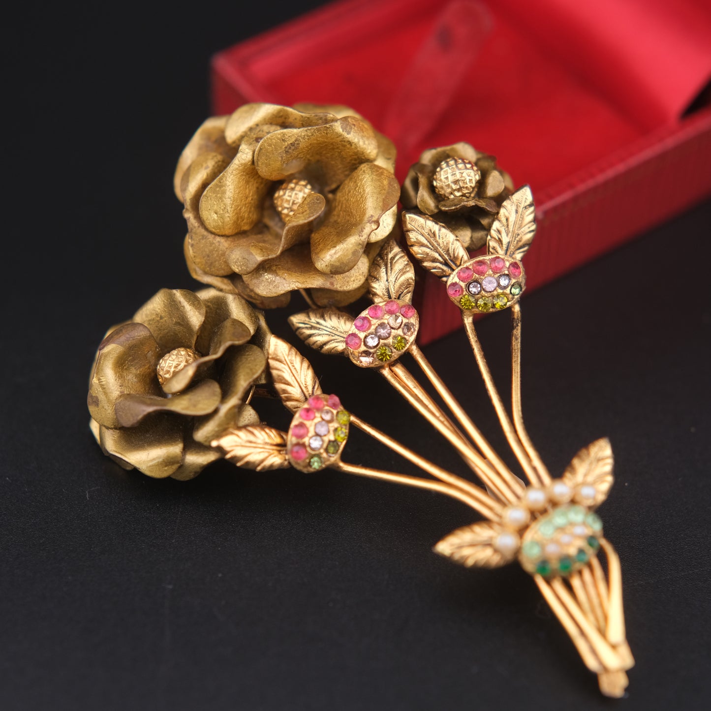 Vintage Brass Floral Bouquet Brooch with Rhinestones & Faux Pearls – 3"