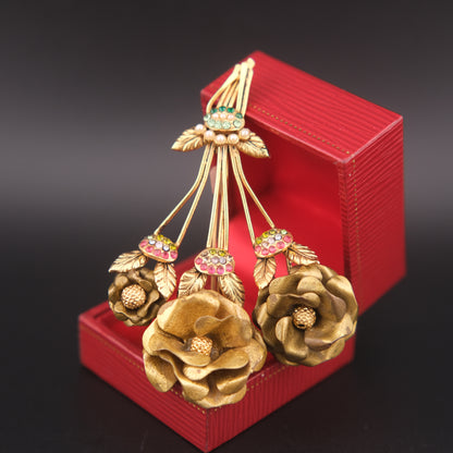 Vintage Brass Floral Bouquet Brooch with Rhinestones & Faux Pearls – 3"