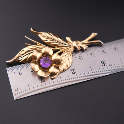 ❤️ Vintage 1940s Gold Tone Floral Spray Brooch with Purple Resin Flower