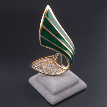 ❤️ Vintage Christian Dior Green Enamel & Pavé Crystal Brooch Gold Tone Signed Chr Dior