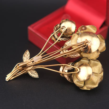 Vintage Brass Floral Bouquet Brooch with Rhinestones & Faux Pearls – 3"