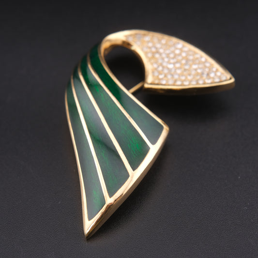 ❤️ Vintage Christian Dior Green Enamel & Pavé Crystal Brooch Gold Tone Signed Chr Dior