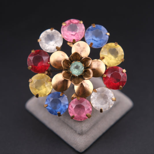 ❤️ Vintage 1940s Multicolor Floral Brooch Brass C-Clasp Round Mid Century Statement Pin 1.8 Inches