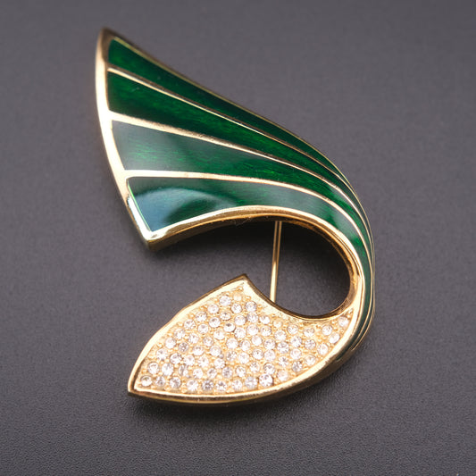 ❤️ Vintage Christian Dior Green Enamel & Pavé Crystal Brooch Gold Tone Signed Chr Dior