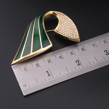 ❤️ Vintage Christian Dior Green Enamel & Pavé Crystal Brooch Gold Tone Signed Chr Dior