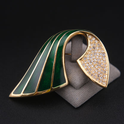 ❤️ Vintage Christian Dior Green Enamel & Pavé Crystal Brooch Gold Tone Signed Chr Dior