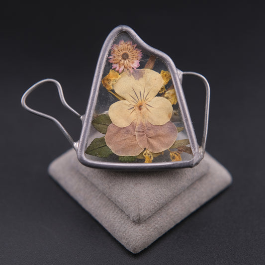 ❤️ Vintage Pressed Flower Resin Brooch Silver Tone Handmade Botanical Pin
