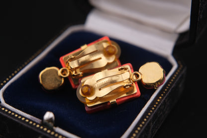 Philippe Ferrandis Clip-On Earrings – Gold-Tone with Orange-Red Resin & Pink Cabochons