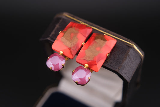 Philippe Ferrandis Clip-On Earrings – Gold-Tone with Orange-Red Resin & Pink Cabochons