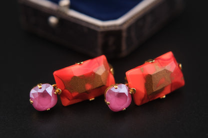 Philippe Ferrandis Clip-On Earrings – Gold-Tone with Orange-Red Resin & Pink Cabochons