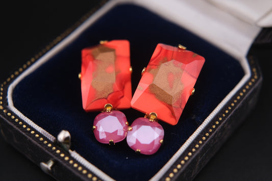 Philippe Ferrandis Clip-On Earrings – Gold-Tone with Orange-Red Resin & Pink Cabochons