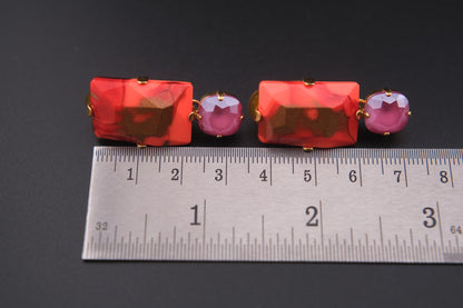 Philippe Ferrandis Clip-On Earrings – Gold-Tone with Orange-Red Resin & Pink Cabochons