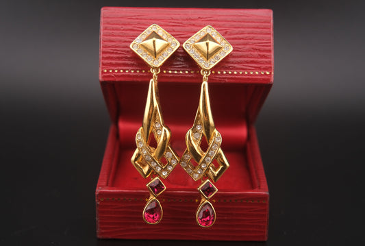 Vintage Attwood UK Red & Clear Crystal Dangle Clip-On Earrings – Bold 1980s Geometric Design