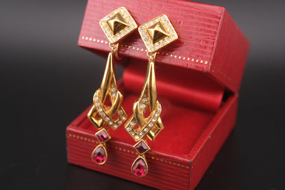 Vintage Attwood UK Red & Clear Crystal Dangle Clip-On Earrings – Bold 1980s Geometric Design
