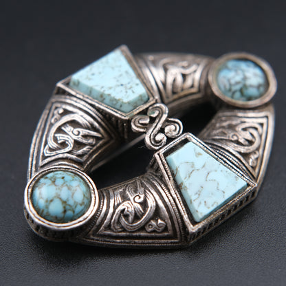Vintage Miracle Celtic Brooch Faux Turquoise Lozenge Shape 1960s Signed