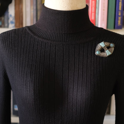 Vintage Miracle Celtic Brooch Faux Turquoise Lozenge Shape 1960s Signed