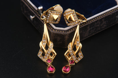 Vintage Attwood UK Red & Clear Crystal Dangle Clip-On Earrings – Bold 1980s Geometric Design