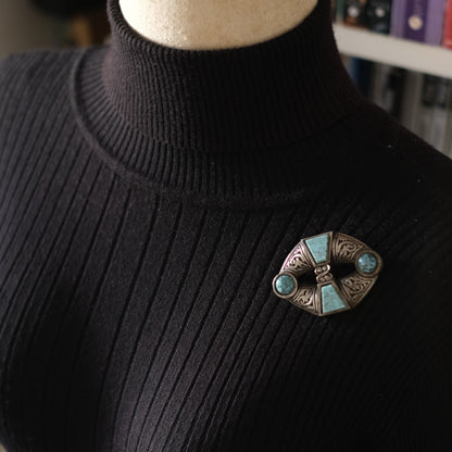Vintage Miracle Celtic Brooch Faux Turquoise Lozenge Shape 1960s Signed