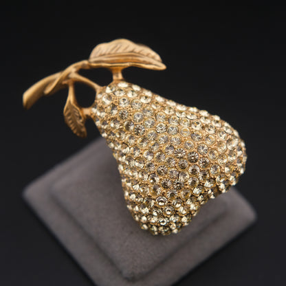 ❤️ Vintage Gold Tone Pave Rhinestone Pear Brooch Fruit Motif Statement Pin