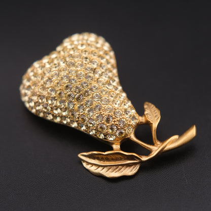 ❤️ Vintage Gold Tone Pave Rhinestone Pear Brooch Fruit Motif Statement Pin