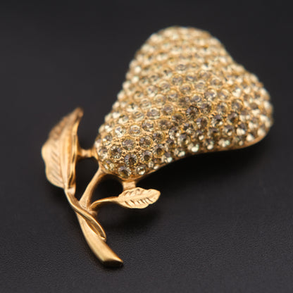 ❤️ Vintage Gold Tone Pave Rhinestone Pear Brooch Fruit Motif Statement Pin