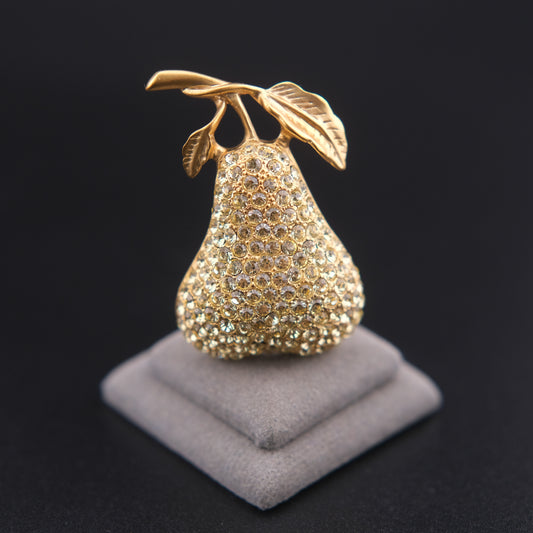 ❤️ Vintage Gold Tone Pave Rhinestone Pear Brooch Fruit Motif Statement Pin