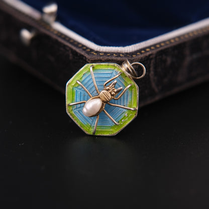 Silver Enameled Cultured Pearl Spider Pendant